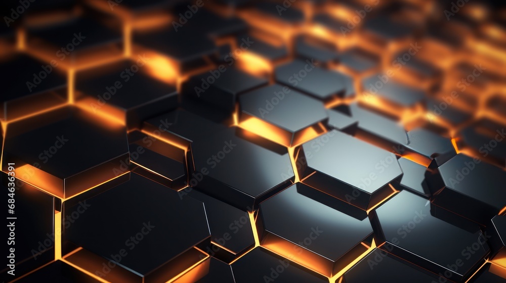 3D Rendering of abstract hexagon metal texture with golden light background