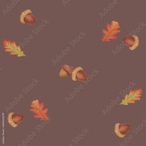 Hand drawn colored pencils red autumn oak leaves and acorns seamless pattern on the brown background, seasonal crayon illustration, symbol of autumn, postcard invitation, vintage and romantic style.
