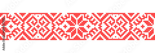 Ukrainian red ornament for textile, fabric, cloth. Vector seamless pattern, print. Ukrainian folk, ethnic ornament. Pixel art vyshyvanka, cross stitch