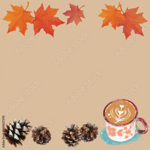 Colored pencils abstract background autumn collection with maple,pine cone and a cup of coffee. Hand-painted colored pencils natural art, perfect for your designed header, banner, web, wall, cards.