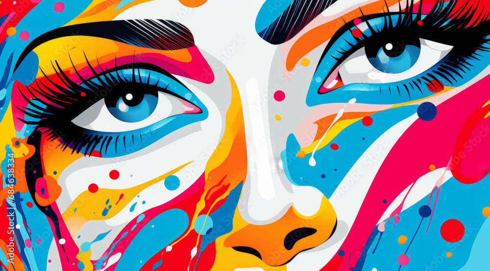 A colorful, abstract pop art depiction of a woman's face with expressive splashes 