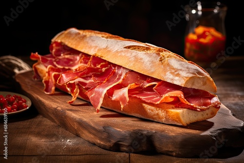 Spanish Serrano ham sandwich, freshly prepared and served on a table photo