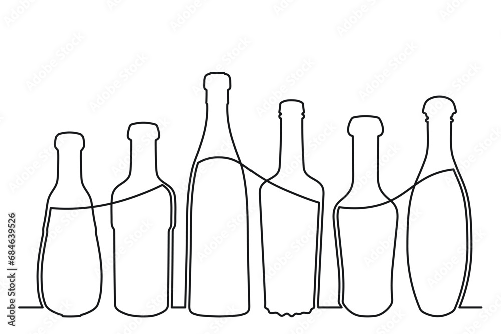 Sketch drawing of a bottle of different shapes in the style of one solid continuous line. Collection of alcoholic drinks Sketch drawing of a bottle of different shapes in the style of one solid continuous line. Collection of alcoholic drinks
