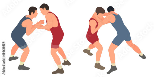 Image of athletes wrestlers in wrestling, fighting. Greco Roman wrestling, fight, combating, struggle, grappling, duel, mixed martial art, sportsmanship