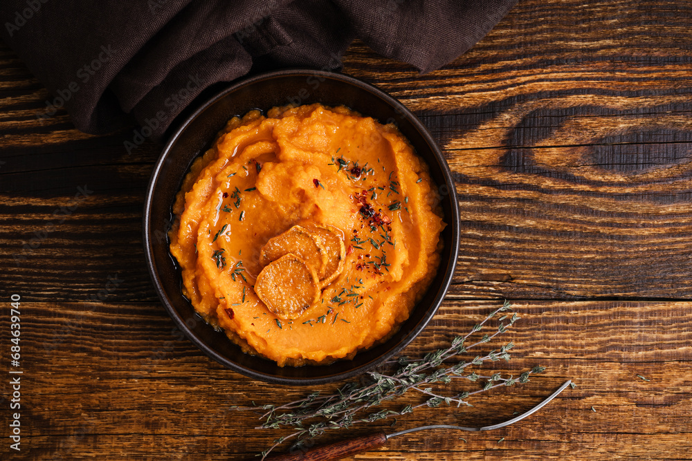 Mashed sweet potatoes, healthy vegan meal, top view Mashed sweet potatoes, healthy vegan meal, top view