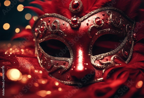 red carnival mask with gold patterns on red close