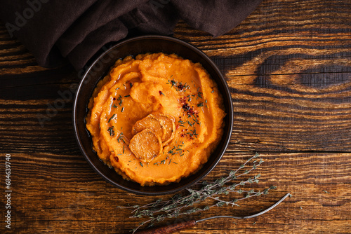 Mashed sweet potatoes, healthy vegan meal, top view
