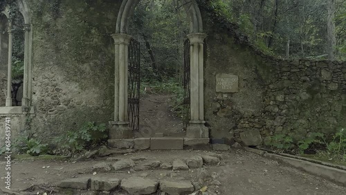 Entrance from the Roman period in the middle of the forest, ruin of Fontes dos Amores in Coimbra. Portugal.