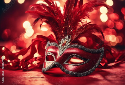 venetian red carnival mask with feathers on a background of red lights