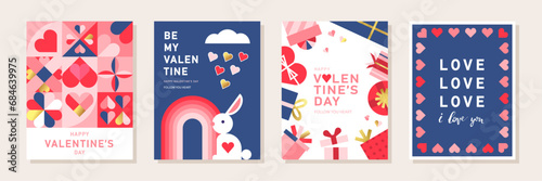 Happy Valentine's day, February 14th. Set of greeting cards, posters, holiday covers. Abstract design with romantic decorative elements. Modern minimalist geometric style.