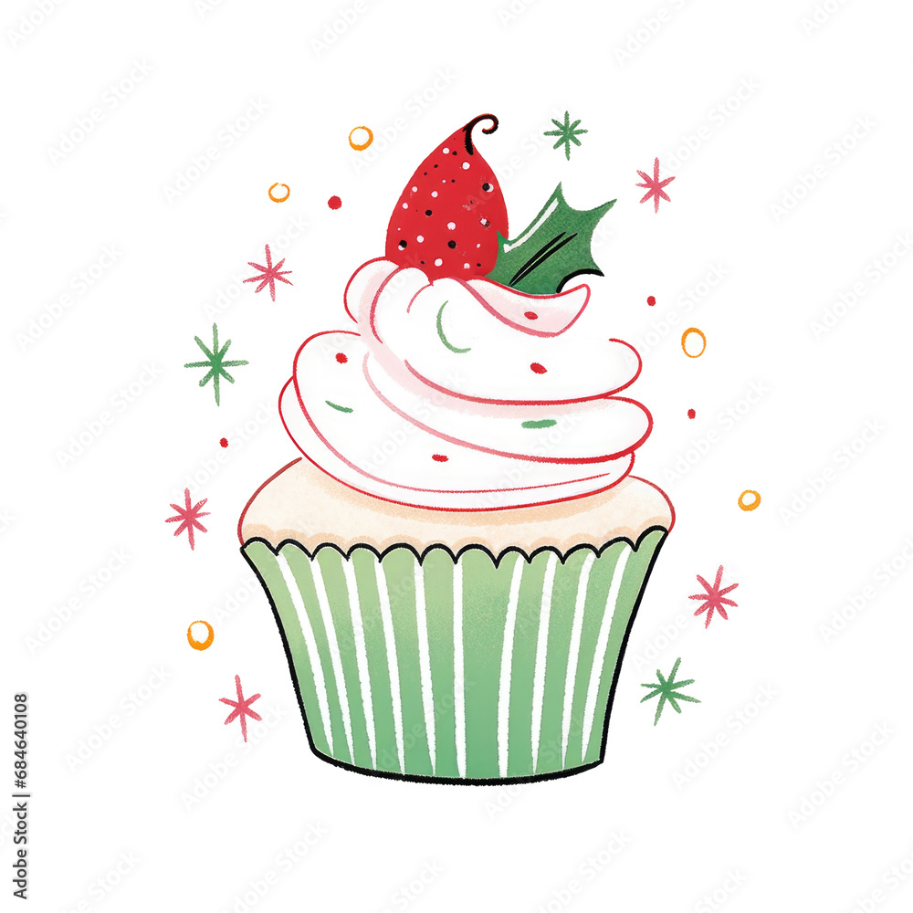 Hand-drawn Christmas cupcake topped with a strawberry surrounded by festive sparkles on transparent background Hand-drawn Christmas cupcake topped with a strawberry surrounded by festive sparkles on transparent background