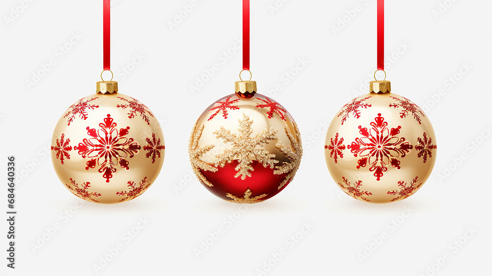 Collection of luxury  red and gold Christmas baubles with snowflake patterns on white background