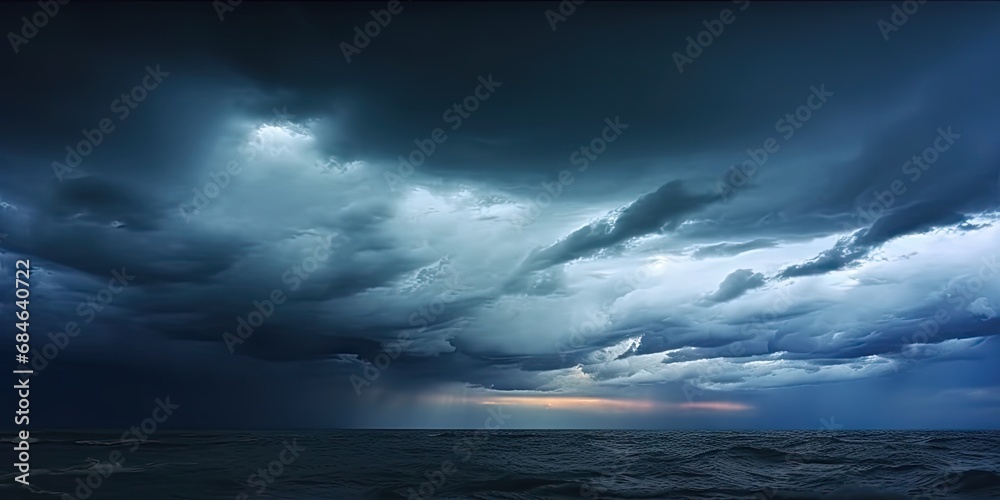 Nature fury. Dramatic storm unleashing power over darkened ocean featuring stormy sky rain laden clouds and threatening beauty of waves crashing against horizon