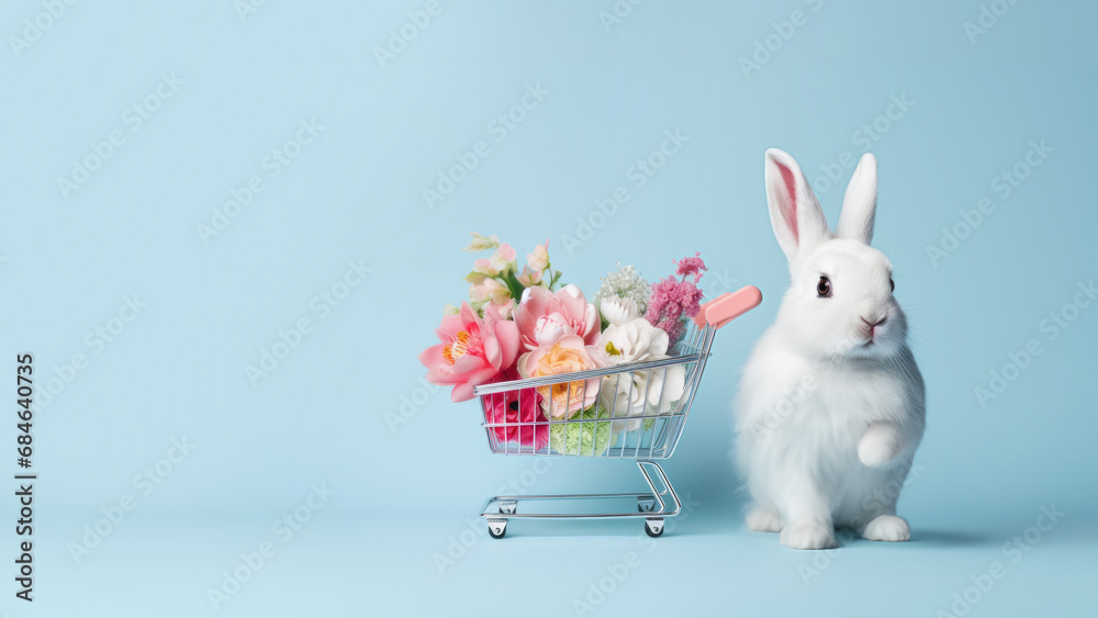 White Easter bunny and shopping basket with flower blossoms White Easter bunny and shopping basket with flower blossoms