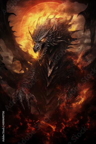 evil black dragon in flames and smoke © Mari