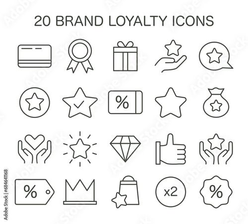 Brand Loyalty Icon Set. Encapsulating customer rewards, quality service, and exclusive benefits. Celebrating consumer engagement and repeat business. Flat vector illustration