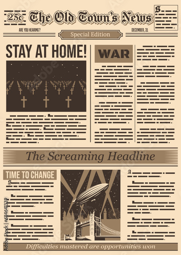Old Newspaper Template, Retro News Broadsheet, Headlines and Quotes 