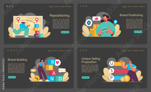 Brand Positioning set. Demonstrates strategies for target audience and value proposition. Showcases repositioning, brand building, and identity. Flat vector illustration
