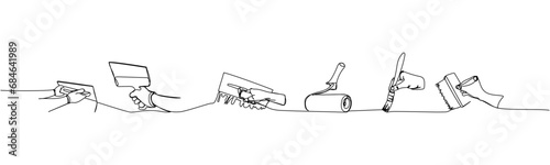 Set of paint roller and brushes, plaster spatula, repair tools one line art. Continuous line drawing of repair, professional, service, concept, support, maintenance, work, technician. photo