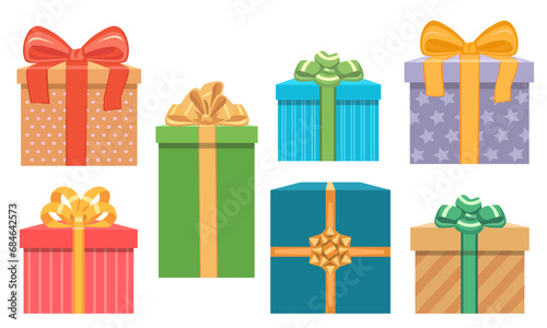 Collection of gift boxes with tied bows, vector icon set, holiday or celebration design elements.