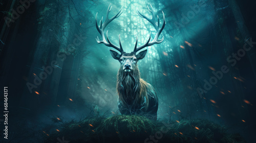 Beautiful stag with great antlers in mystical forest