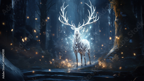 Silver glowing magical stag in dark forest © Kondor83