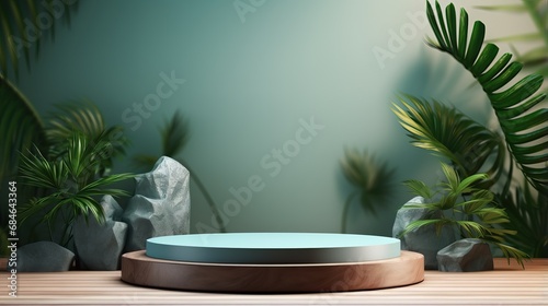 Exhibition podium for a variety of goods in Aquamarine and Ashen colors against a tropical background © Serhii