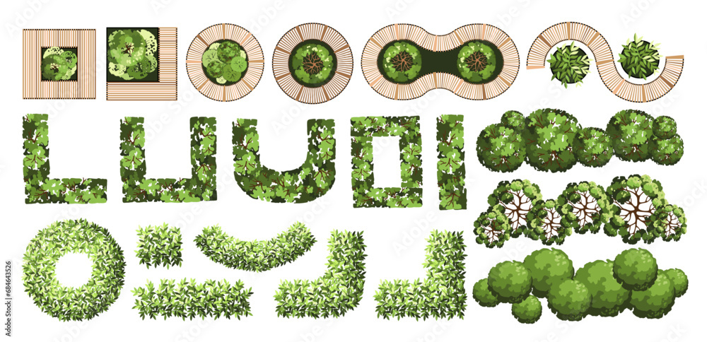 Top view elements for the landscape design plan. Trees and benches for ...