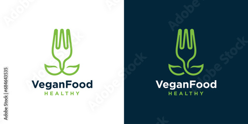 Vegan Food Logo Design. Fork Tree Leaves Combination Concept. Logo For Restaurant Healthy Diet Menu. Icon Symbol Vector Illustration.