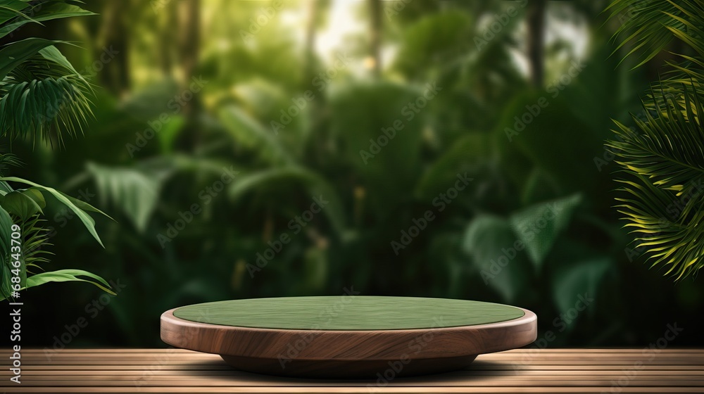 Exhibition podium for a variety of goods in Emerald and green colors against a tropical  background