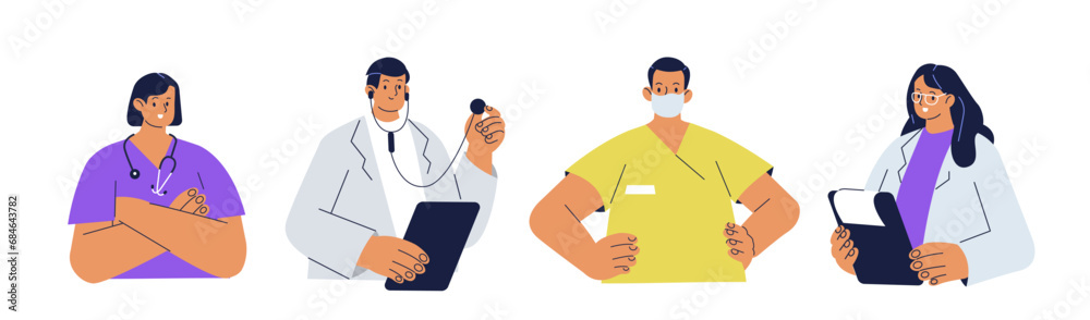 Doctors, nurses and other hospital workers illustrations set. Collection of characters wearing medical uniform, masks and stethoscopes. Healthcare team concept. Vector illustration.
Doctors, nurses and other hospital workers illustrations set. Collection of characters wearing medical uniform, masks and stethoscopes. Healthcare team concept. Vector illustration.