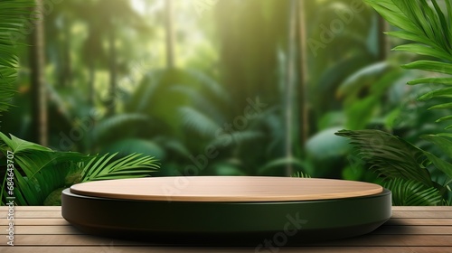 Exhibition podium for a variety of goods in Emerald and green colors against a tropical background