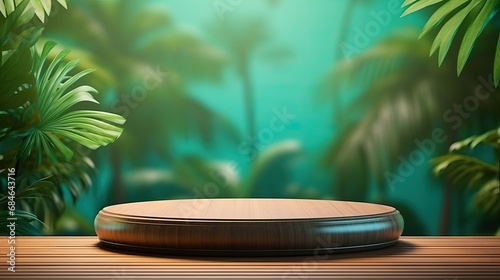 Exhibition podium for a variety of goods in Emerald and green colors against a tropical  background © Serhii