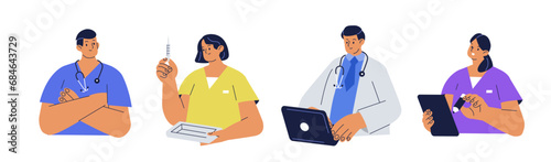Doctors, nurses and other hospital workers illustrations set. Collection of characters wearing medical uniform and stethoscopes. Healthcare team concept. Vector illustration.
