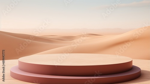 Exhibition podium for a variety of goods in Maroon and Sand colors against a desert background