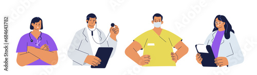 Doctors, nurses and other hospital workers illustrations set. Collection of characters wearing medical uniform, masks and stethoscopes. Healthcare team concept. Vector illustration.
