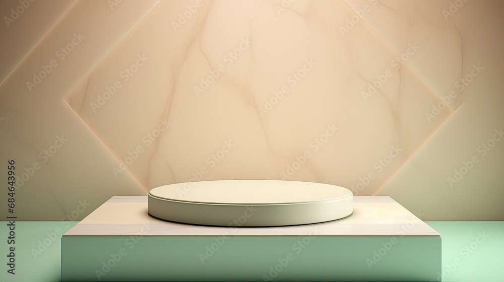 Exhibition podium for a variety of goods in Olive and Mint colors against a vegetation  background