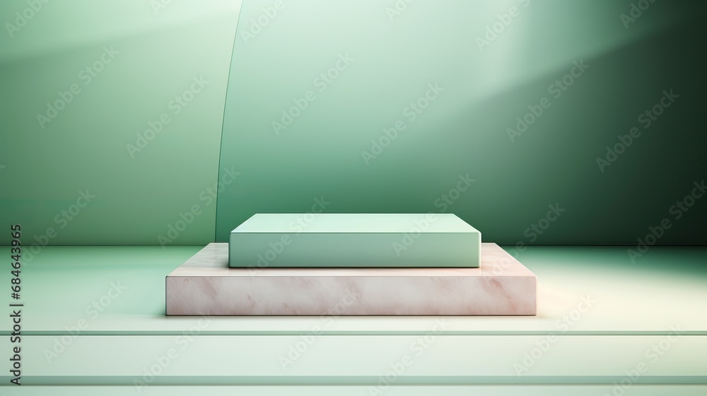 Exhibition podium for a variety of goods in Olive and Mint colors against a vegetation background Exhibition podium for a variety of goods in Olive and Mint colors against a vegetation background
