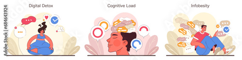 Information Overload set. Balancing digital diet, managing cognitive demands, confronting data deluge. Mental wellness, mindfulness, and filtering excess in the digital age. Flat vector illustration.
