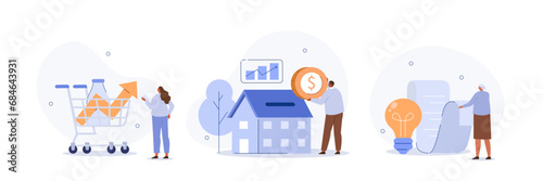 Cost of living rising concept illustration. Character worries about consumer goods, utilities and housing price increases. Consumer price index metaphor. Vector illustrations set. photo