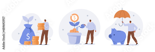 High interest rates concept illustration. Collections of characters opening savings account and receiving interest on deposits. Low risk income investments. Vector illustrations set.