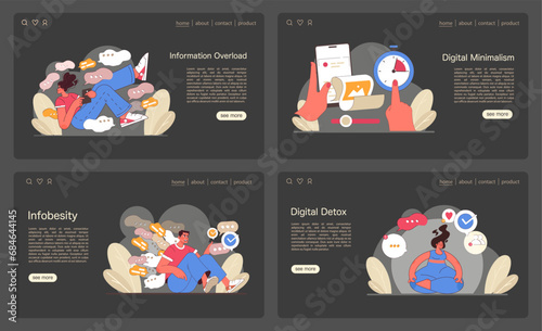 Information Overload concept set. Individuals navigating excess data in digital age. Managing content deluge, seeking clarity amidst chaos. Flat vector illustration