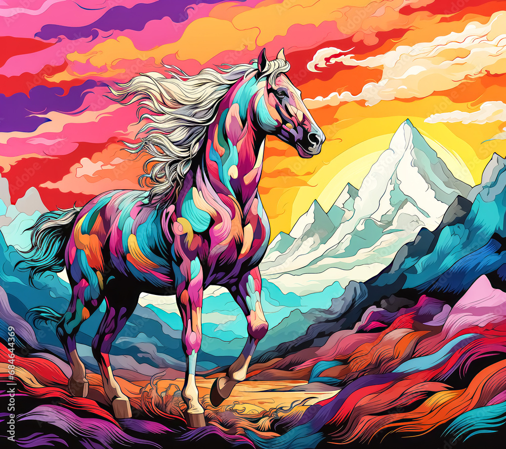 Colorful Horse standing in a Mountain Landscape