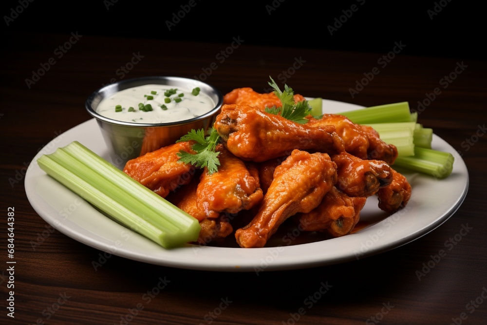 A plate of spicy buffalo wings with celery sticks and blue cheese dip. A plate of spicy buffalo wings with celery sticks and blue cheese dip.