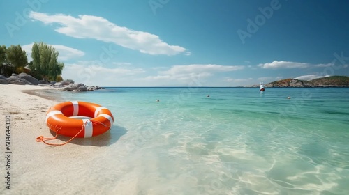 Lifebuoy on sunny beach, holiday banner