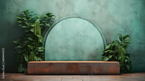 Exhibition podium for a variety of goods in Rust and Mint colors against a rock  background