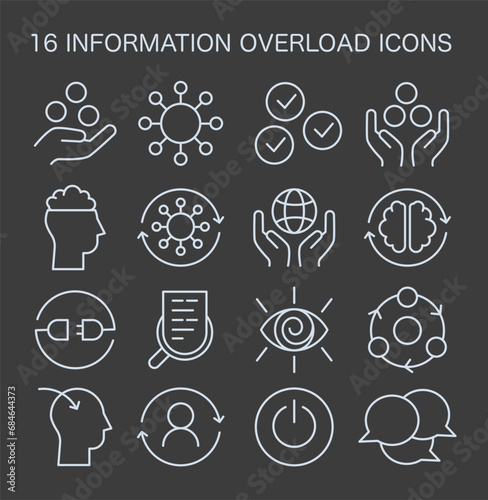 Information Overload Icons set. Graphic elements portraying brain fatigue, data management, and tech-induced stress. Navigating digital excess in modern life. Flat vector illustration