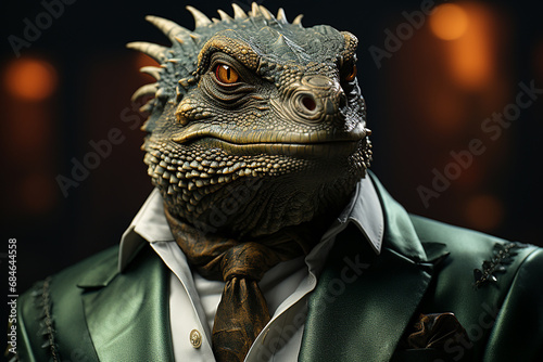 Reptile in a suit in a leather chair. Shadow government, cospirology concept