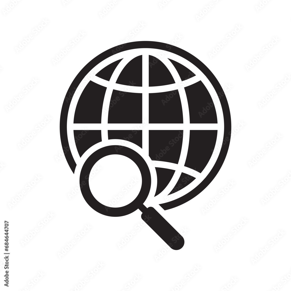 Global search icon. Magnifier and globe icon, search for a place on a map or on the globe sign. The icon of the magnifying glass and planet Earth. Global search icon. Magnifier and globe icon, search for a place on a map or on the globe sign. The icon of the magnifying glass and planet Earth.