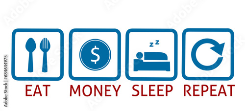 eat, money, sleep and repeat icons with simple design